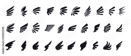 Black wings. Eagle bird feather silhouette  angel logo. Freedom emblem or label  retro design  Geometric sign isolated elements  creative badge or logotype. Vector icon recent symbols set
