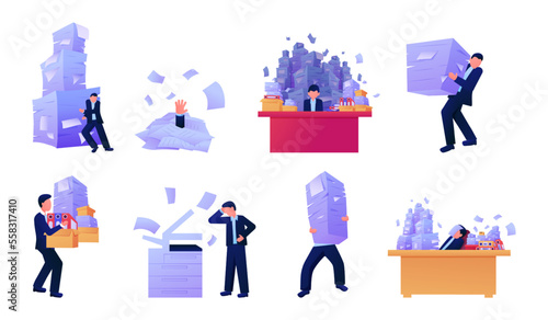 Messy office paperwork. Overworked worker with documents stacks. Photocopy printer. Duplicate printing work. Unorganized paper piles set. Sheets heap on desk. Vector recent illustration