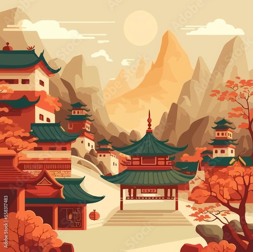 Flat colored design of Chinese pagoda background cartoon
