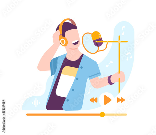Young man wearing headphones sings in recording studio. Headset and microphone. Music broadcasting. Soundtrack web record. Multimedia equipment. Online songs streaming. Vector concept