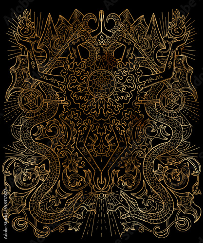 Mystic textured illustration with occult, esoteric and gothic symbols, snake and pentagram, against black background