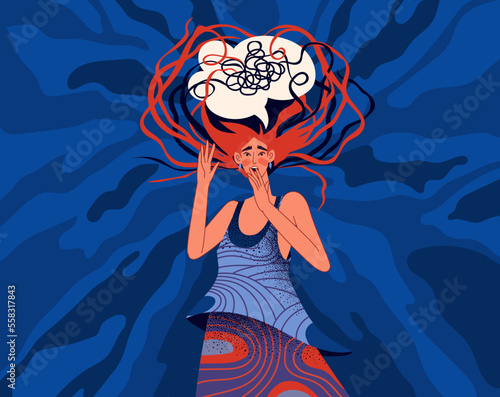 Negative emotions. Tiny stress condition. Mental breakdown. Crisis therapy. Person feeling internal dark. Anxious woman. Tangled thoughts. Confused mind. Vector banner exact concept