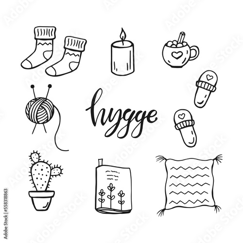 Set of hygge elements. Hand drawn vector illustration. Cozy things isolated on a white background.