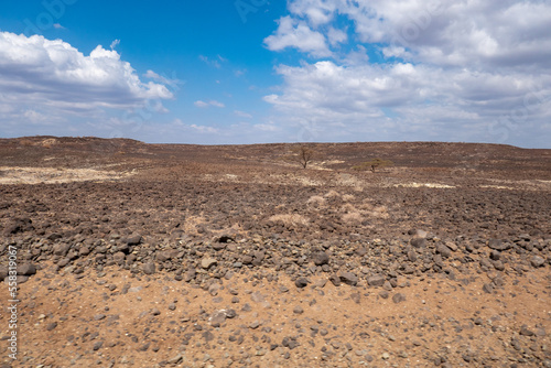 A dirt road in the panoramic desert landscapes of Loiyangalani District in Turkana, Kenya