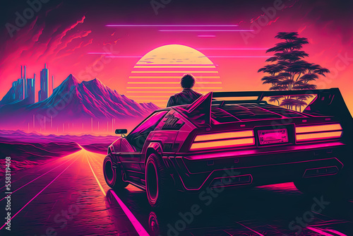 Retro futuristic back side view 80s supercar on trendy synthwave, vaporwave, cyberpunk sunset background. Back to 80's concept.