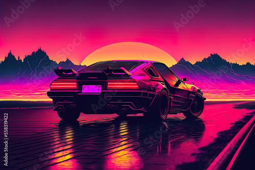 Retro futuristic back side view 80s supercar on trendy synthwave, vaporwave, cyberpunk sunset background. Back to 80's concept.