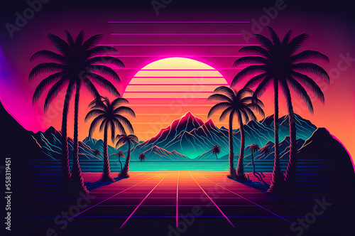 Retrowave vintage night city panorama.