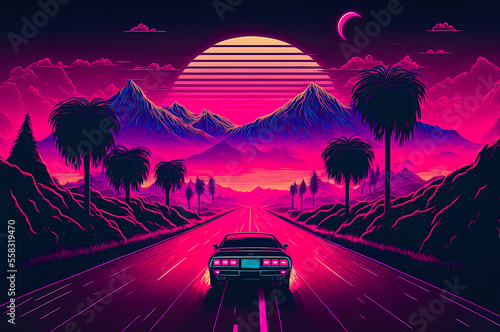 3d rendering, road from geometric lines between the mountains to the setting sun.Design in the style of the 80s. Futuristic synthesizer retro wave