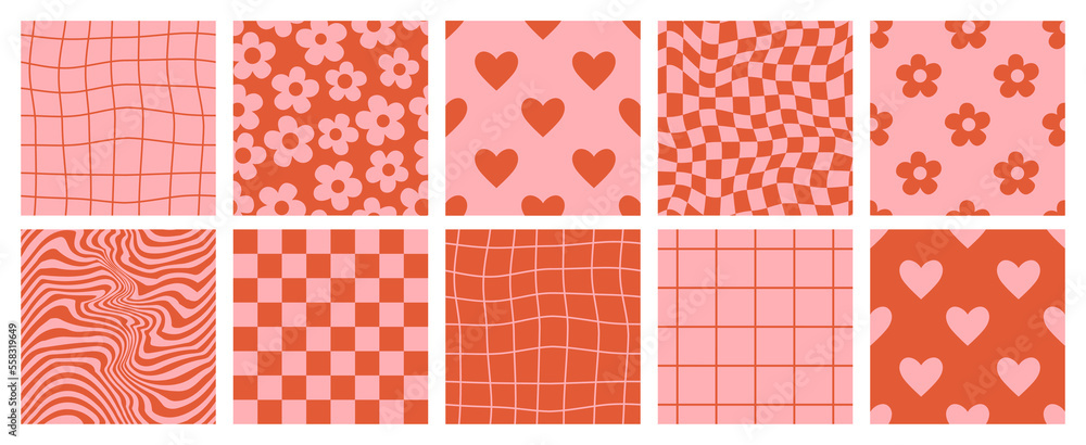 Groovy lovely backgrounds. Love concept. Happy Valentines day greeting card. Funky pattern and texture in trendy retro 60s 70s cartoon style. Vector seamless pattern in pink red colors. - obrazy, fototapety, plakaty 