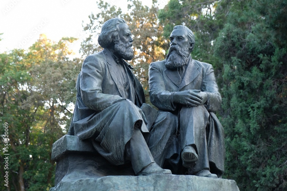 Monument from Soviet era, representing Karl Marx and Friedrich Engels in Bishkek, Kyrgyzstan Monument from Soviet era, representing Karl Marx and Friedrich Engels in Bishkek, Kyrgyzstan
