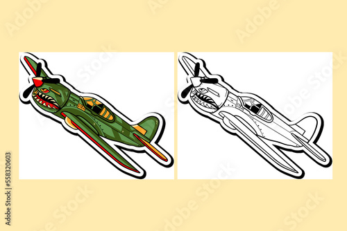 Illustration sticker of a fighter plane traditional tattoo design