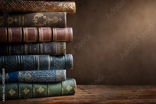Fototapete Old books on wooden desk and ray of light