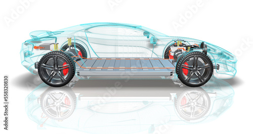 Environmental friendly electric vehicle moving forward. Battery pack cover is open. Sustainable energy. 3D Illustration Render.