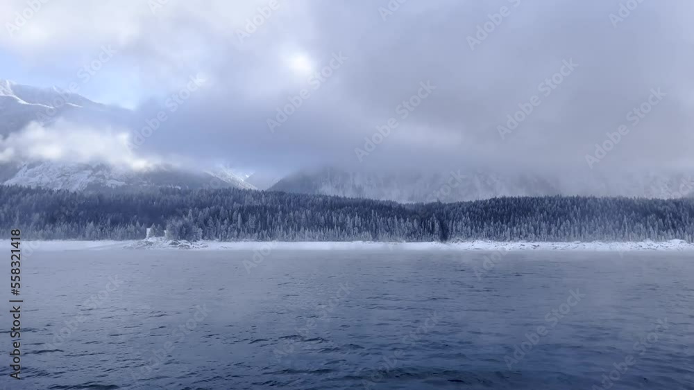 Beautiful pan over Upper Arrow Lake on the water on the Upper Arrow Lake ferry in British Columbia Beautiful pan over Upper Arrow Lake on the water on the Upper Arrow Lake ferry in British Columbia