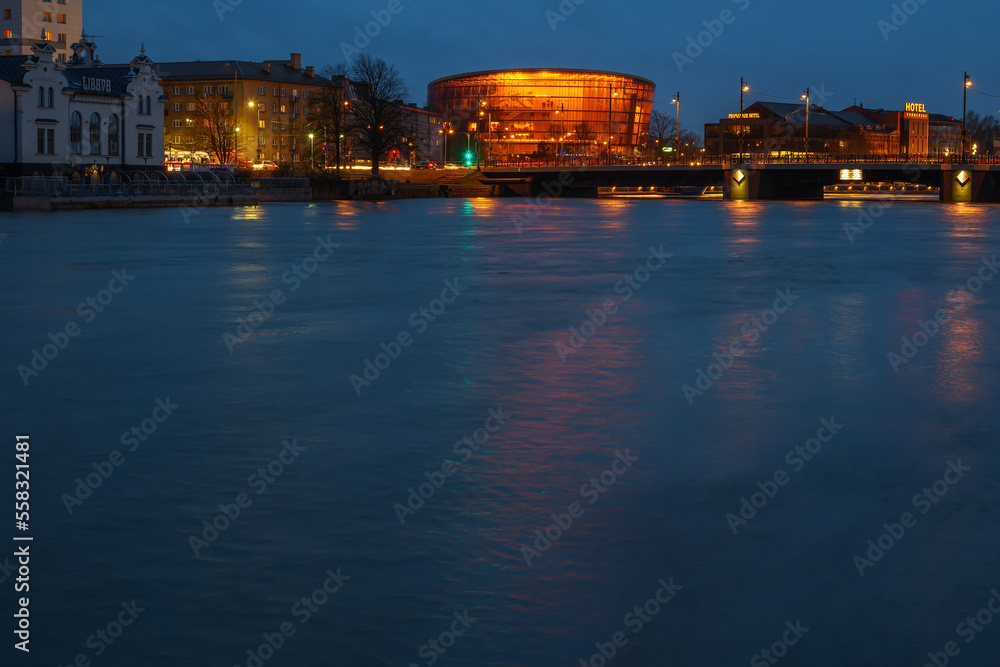 Red concert hall in night.