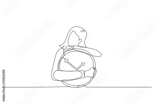 Drawing of businesswoman embrace clock feel sleepy and tired. One line art style