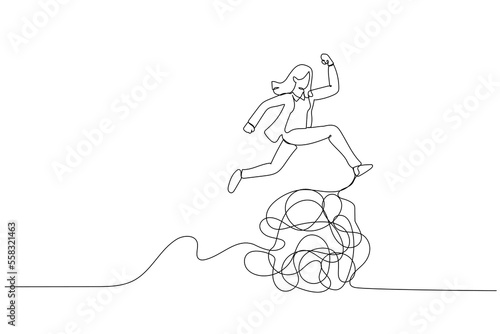 Illustration of businesswoman jumping over messy line metaphor of overcoming trouble and difficulty. Single continuous line art style