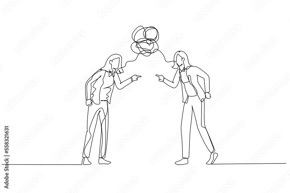 Illustration of businesswoman and colleague debating arguing concept of conflict. Continuous line art style