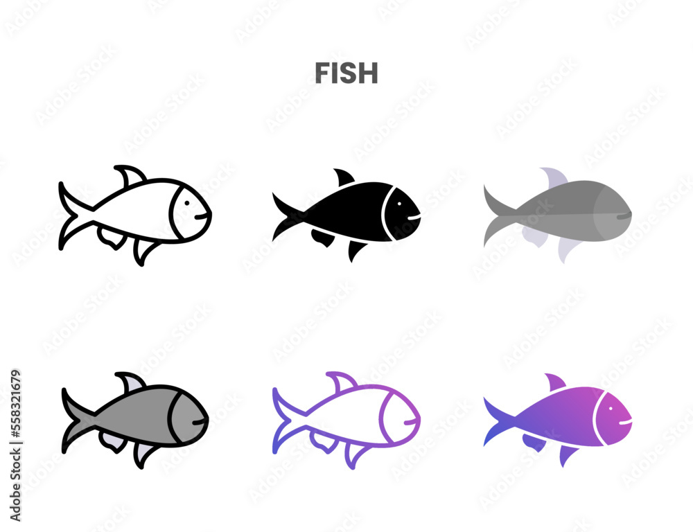 Obraz premium Fish icons vector illustration set line, flat, glyph, outline color gradient. Great for web, app, presentation and more. Editable stroke and pixel perfect.