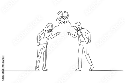 Illustration of businesswoman and colleague debating arguing concept of conflict. Continuous line art style