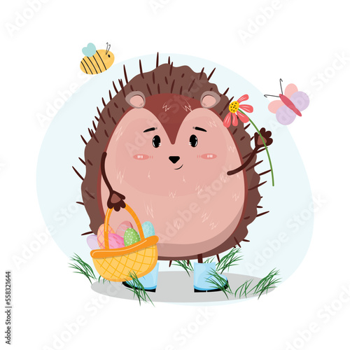 Cute hedgehog holding a flower and a basket filled with painted eggs for Easter.