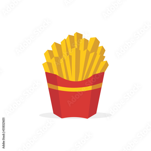 Vector illustration of french fries in a red paper wrap. French fries illustration in cartoon style isolated on white background. Suitable for printing food menu books, restaurants, culinary. Potatoes