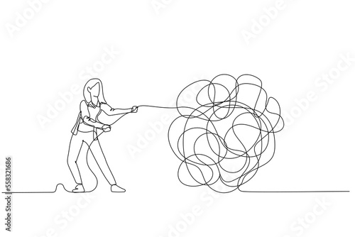 Illustration of businesswoman try to unraveling tangled rope concept of solution and problem solving. Single continuous line art style