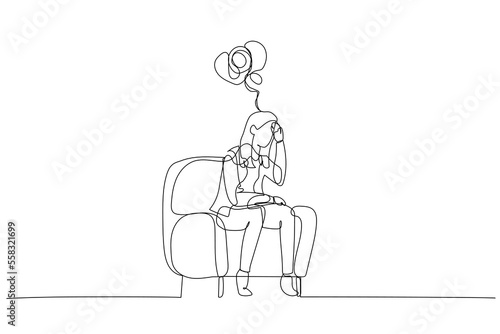 Drawing of businesswoman depressed and overthinking because of bankruptcy and loss. One line art style