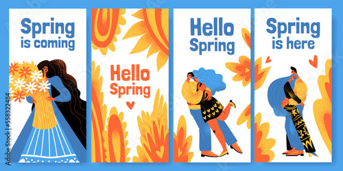 Set of vertical banners Hello spring with funny characters and decorative flowers