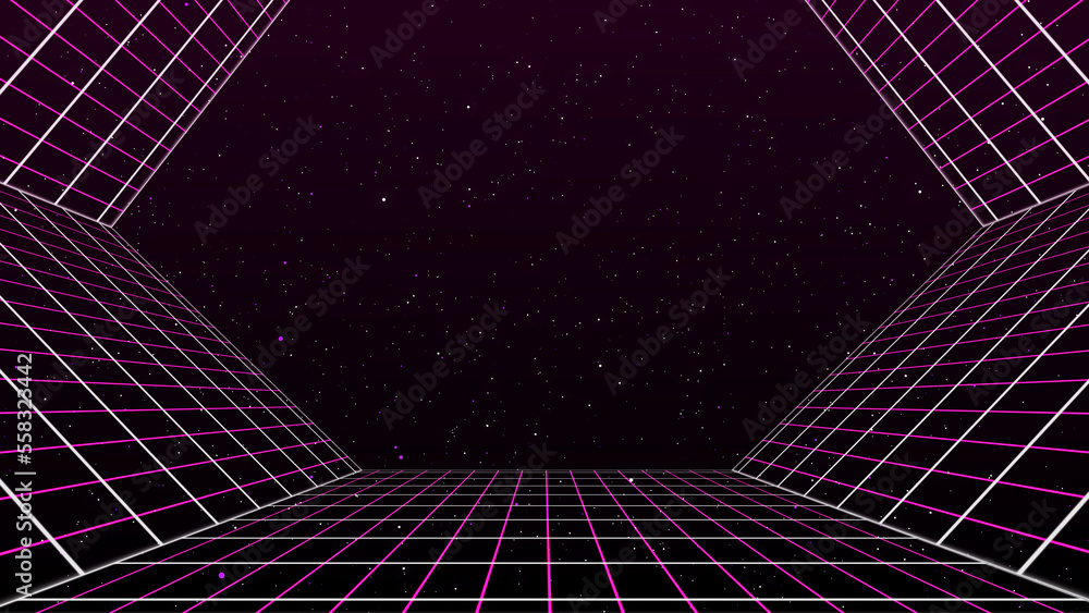 Retro style 80s video game background. Futuristic Grid landscape of the 80s. Digital Cyber Surface. Suitable for design in the style of the 1980s. 3D illustration