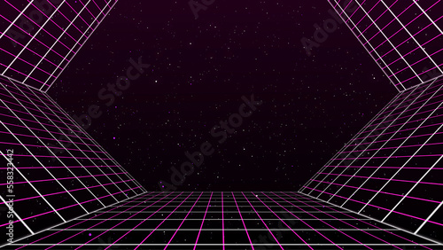Obraz na płótnie Retro style 80s video game background. Futuristic Grid landscape of the 80s. Digital Cyber Surface. Suitable for design in the style of the 1980s. 3D illustration w salonie