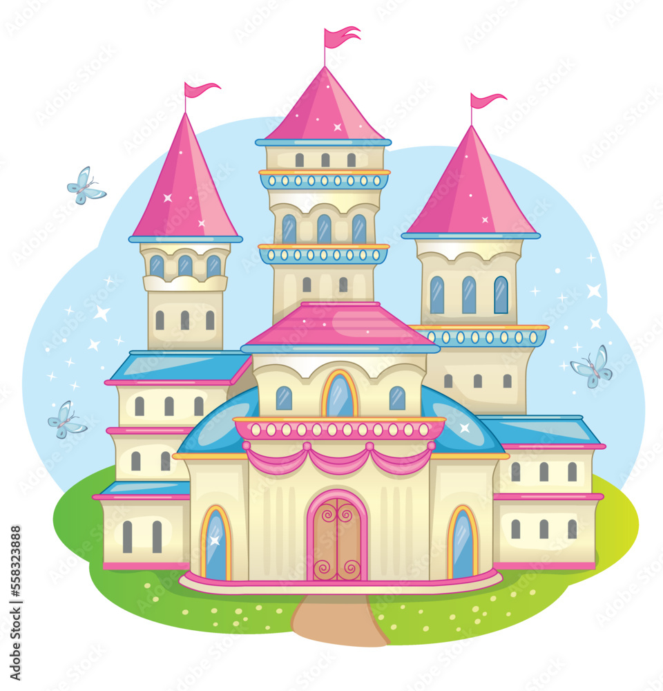 Fairy-tale castle for Princess, magic kingdom. Beautiful landscape with vintage castle and meadow. Isolated background. Toy for girls. Wonderland. Children cartoon illustration. Romantic story. Vector