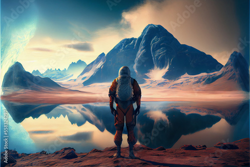 a painting of a man standing in front of lake, alien landscape, digital art