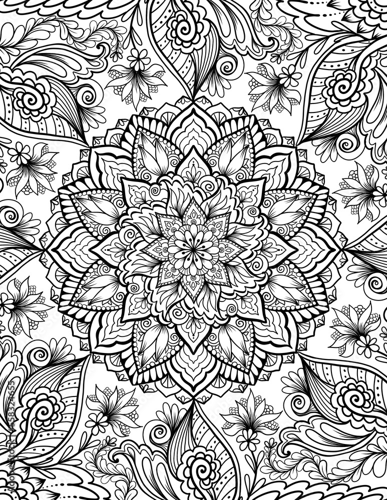 Ornamental mandala adult coloring book page. Zentangle style coloring page. Arabic, Indian ornament
