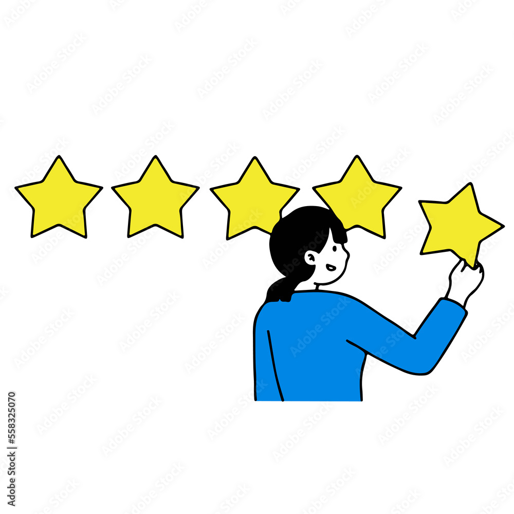 Woman leaving comment. Customer feedback and rating 5 stars. Vector Illustration. Woman leaving comment. Customer feedback and rating 5 stars. Vector Illustration.
