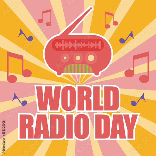 Vector banner design celebrating world radio day holiday which is celebrated every year in the month of February. world radio day background with musical notes with pink and yellow color pallet