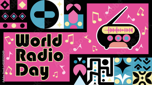 Vector banner design celebrating world radio day holiday which is celebrated every year in the month of February. world radio day background with musical notes with pink and blue color pallet.