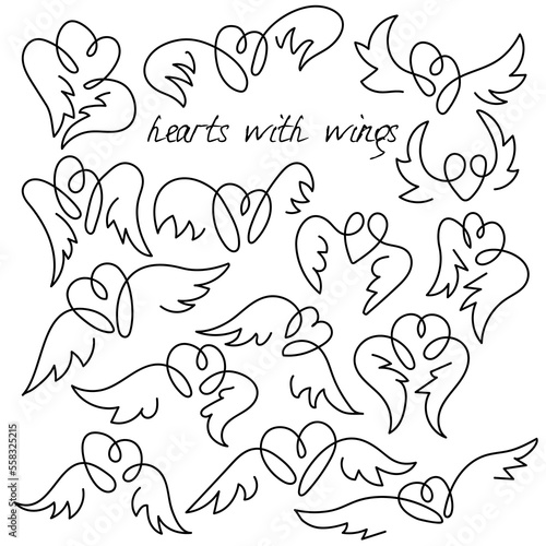 A set of hearts with wings in different poses. Contour lines with an inscription and text. 15 elements of hearts.