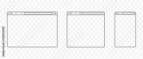 Web browser mockup frame on transparent background. Outline transparent computer browser. Isolated blank website page. Simple design.  Stock Vector graphics