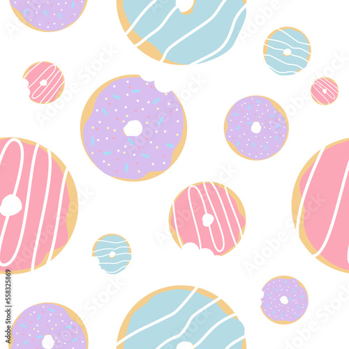 Seamless pattern with doughnuts on isolated white background. Vector illustration.