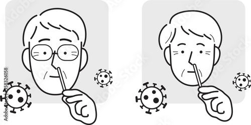 Covid19 coronavirus antigen self-test line icon or pictogram vector set. Old woman and old man holding nasal cotton swab from covid self test home kit. Covid antigen rapid test at home.