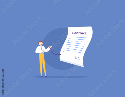 bound by an employment contract or agreement. a worker or employee is bound by a paper or contract document. concept illustration design. graphic elements