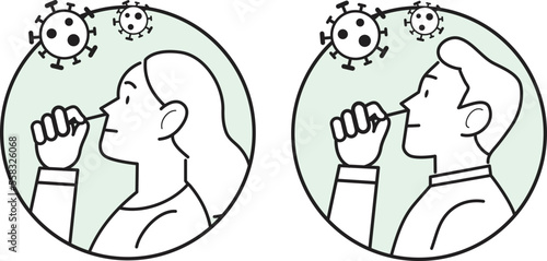 Covid19 coronavirus antigen self-test lien icon vector set. Woman and man holding nasal cotton swab from covid self test home kit. Covid antigen rapid test at home.