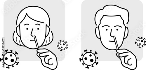 Covid19 coronavirus antigen self-test line icon or pictogram vector set. Young woman and man holding nasal cotton swab from covid self test home kit. Covid antigen rapid test at home. .