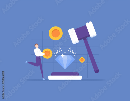 Auction Service Business. pay or pay off. the winner of the auction or tender. a businessman or a man is happy because he gets diamonds. concept illustration design. graphic elements