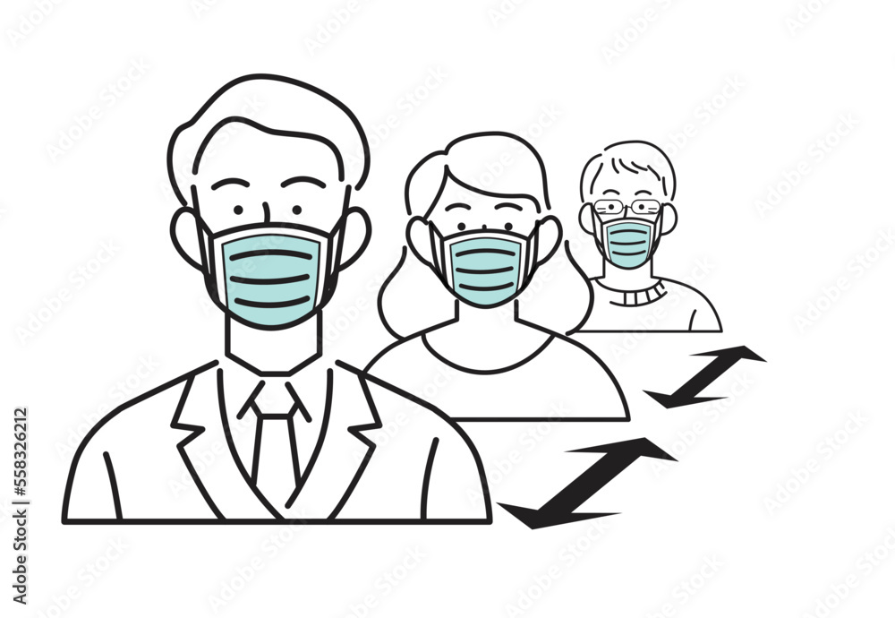 Fototapeta premium Line icon vector for covid preventive measures. Physical or social distancing group of persons wearing protective surgical masks with a distance arrow between them.