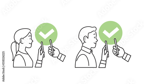 Line covid icons isolated vectors. Man and woman holding smartphone for digital sanitary pass checking. Health pass, eu green pass, qr code check, vaccine certificate or vaccine passport for travel.