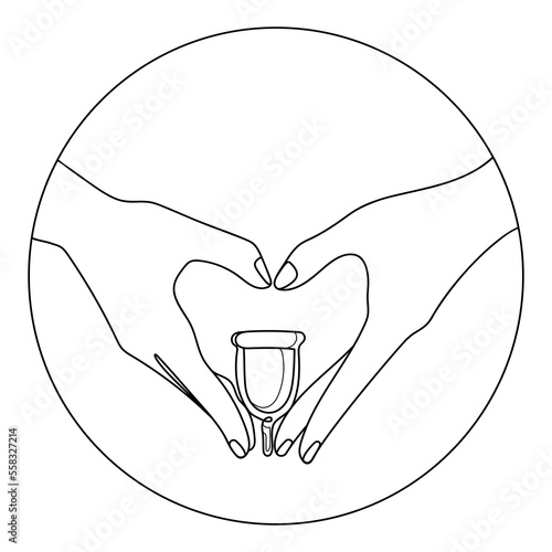 Heart shaped female hands hold menstrual cup line icon logo emblem template vector illustration.Liner drawing feminine hygiene item,eco friendly.Reduce,reuse, ecycle.Zero waste menstrual cup in hands