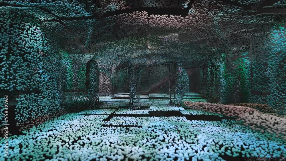 Flying through the digital model of a hallway constructed of tiny points made from laser scanning. 3d Point Cloud animation from LIDAR