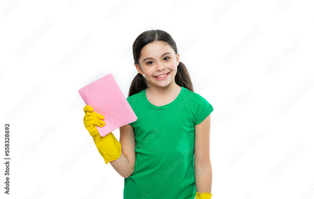 happy girl cleaner do chores isolated on white. girl cleaner do chores in studio.